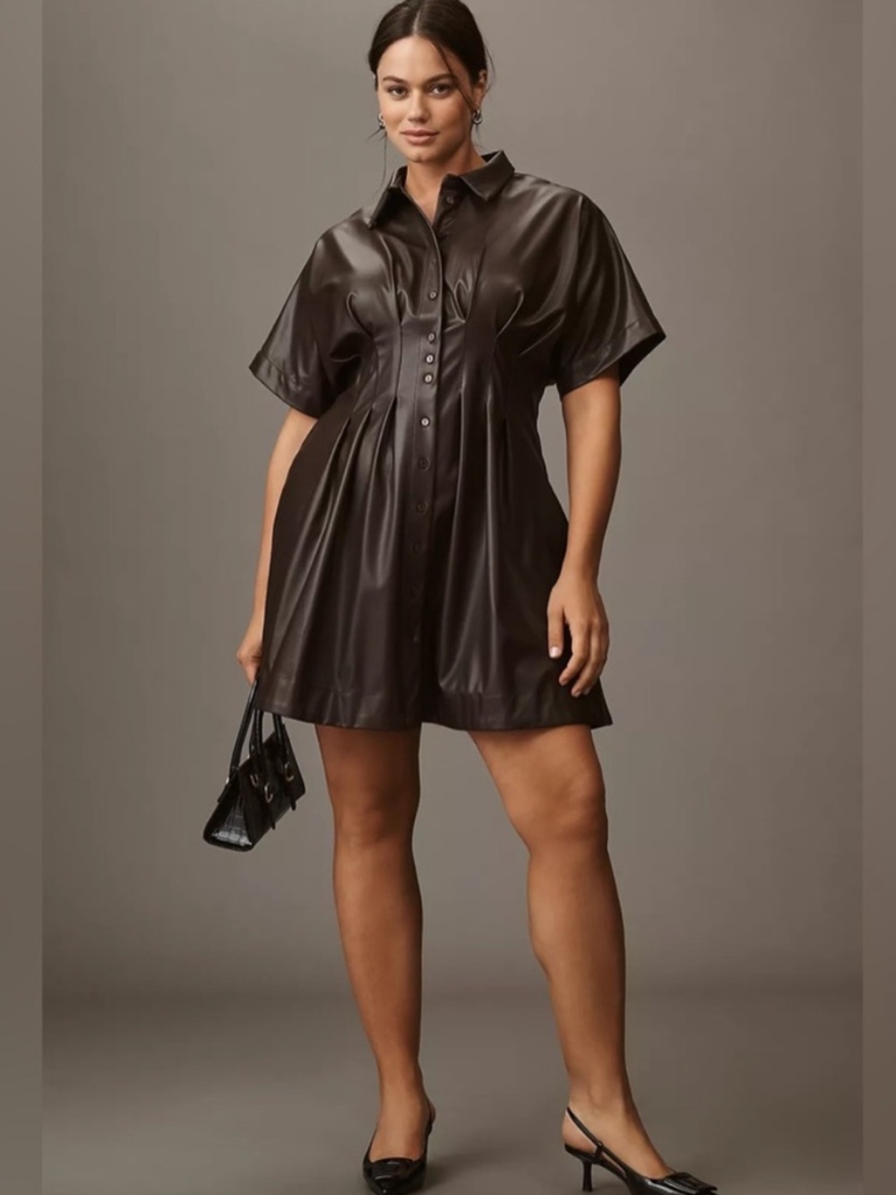 Anthropologie The Tobie Faux Leather Mini Shirt Dress by Exquise